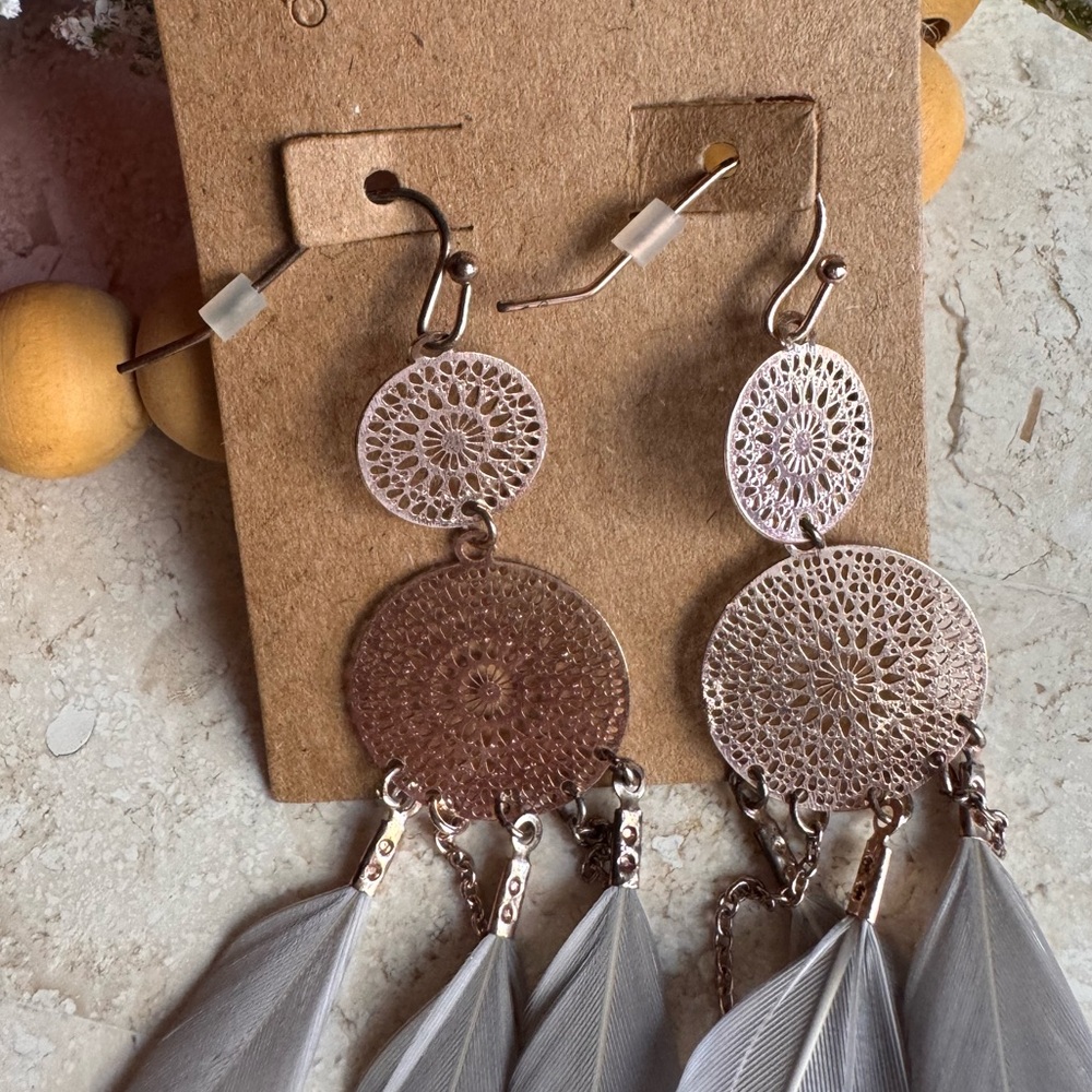 Boho Feather Dangle Earrings in Taupe - Lightweight Women’s Jewelry - Picture 3 of 4